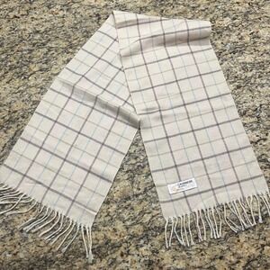 Royal Rossi 100% Cashmere Scarf Plaid Cream Tan Blue Fringe Inner Mongolia 54x11